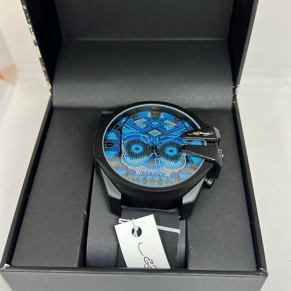 Ed Hardy Men’s Skull Print Dial Matte Black Silicone Strap Analog Watch … - Picture 1 of 7